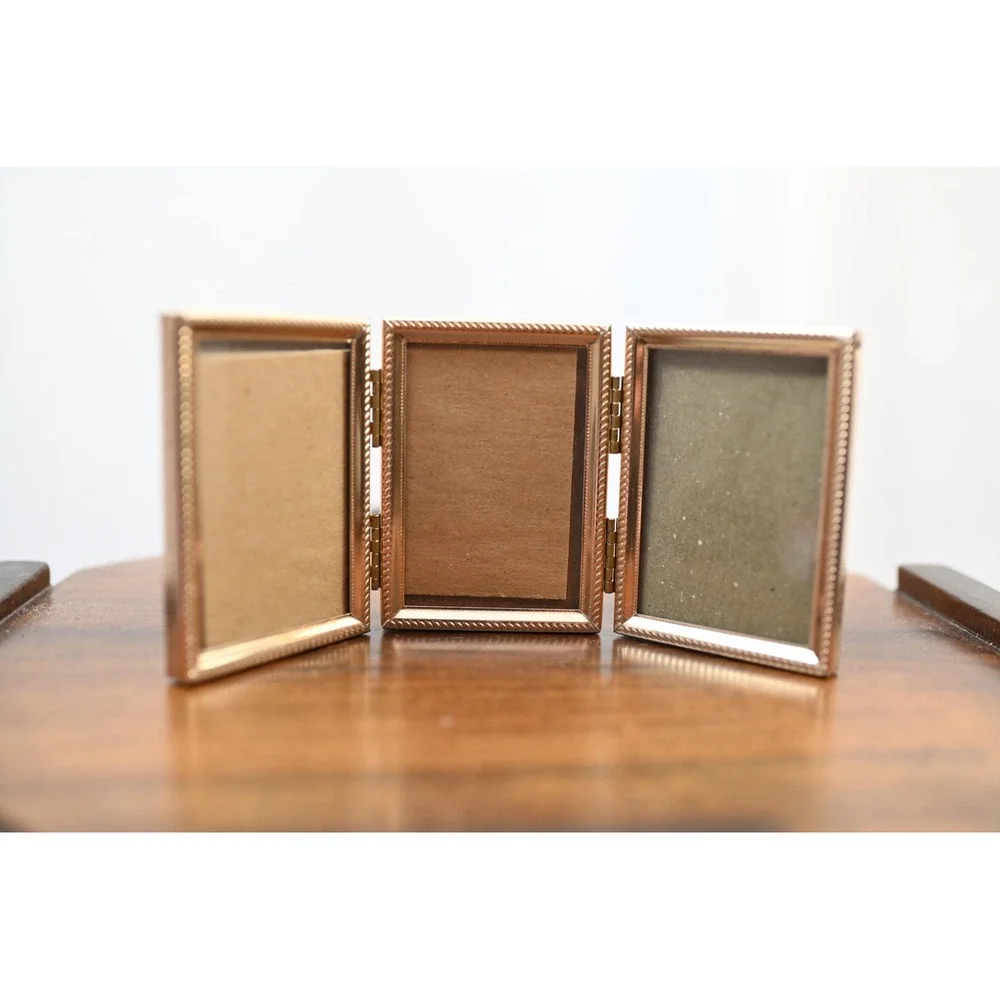 Vintage Triple Brass Picture Frame 2.25x3.25 Folding Gold Beaded Tabletop Frame
